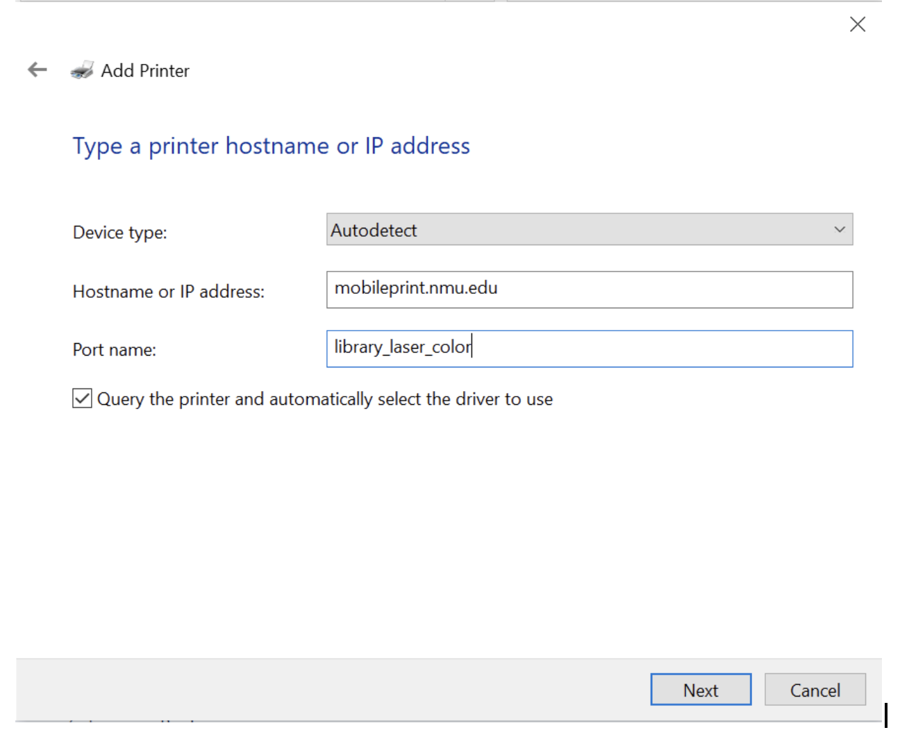 Screenshot of windows dialogue box requesting the user to input various pieces of info regarding the printer's port name and settings.