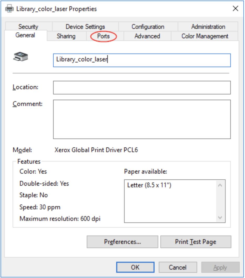 A windows dialog showing printer properties while Ports tab is highlighted.