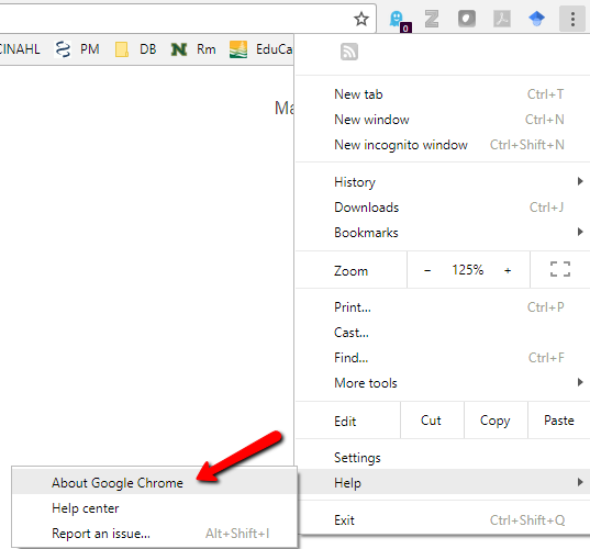 Image showing the "about google chrome" menu option in google chrome.