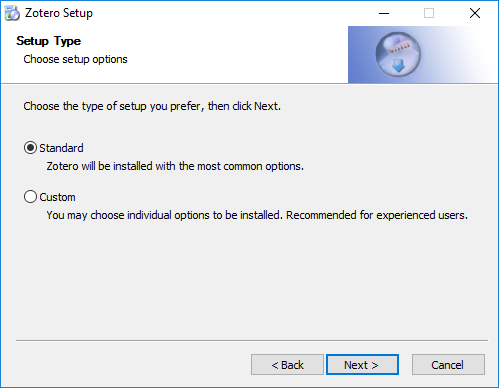 Image showing the setup type option on the zotero installer dialogue.