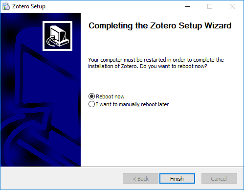 Picture showing the reboot option screen of the zotero installer 