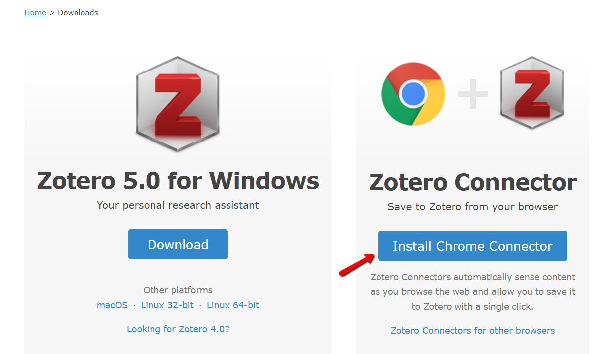 image of a page linking the zotero connection for google chrome download.