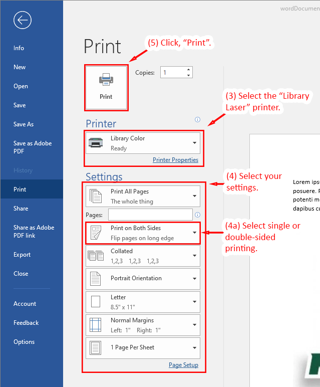 Microsoft Word print interface showing color printer selection and settings with instructions to print