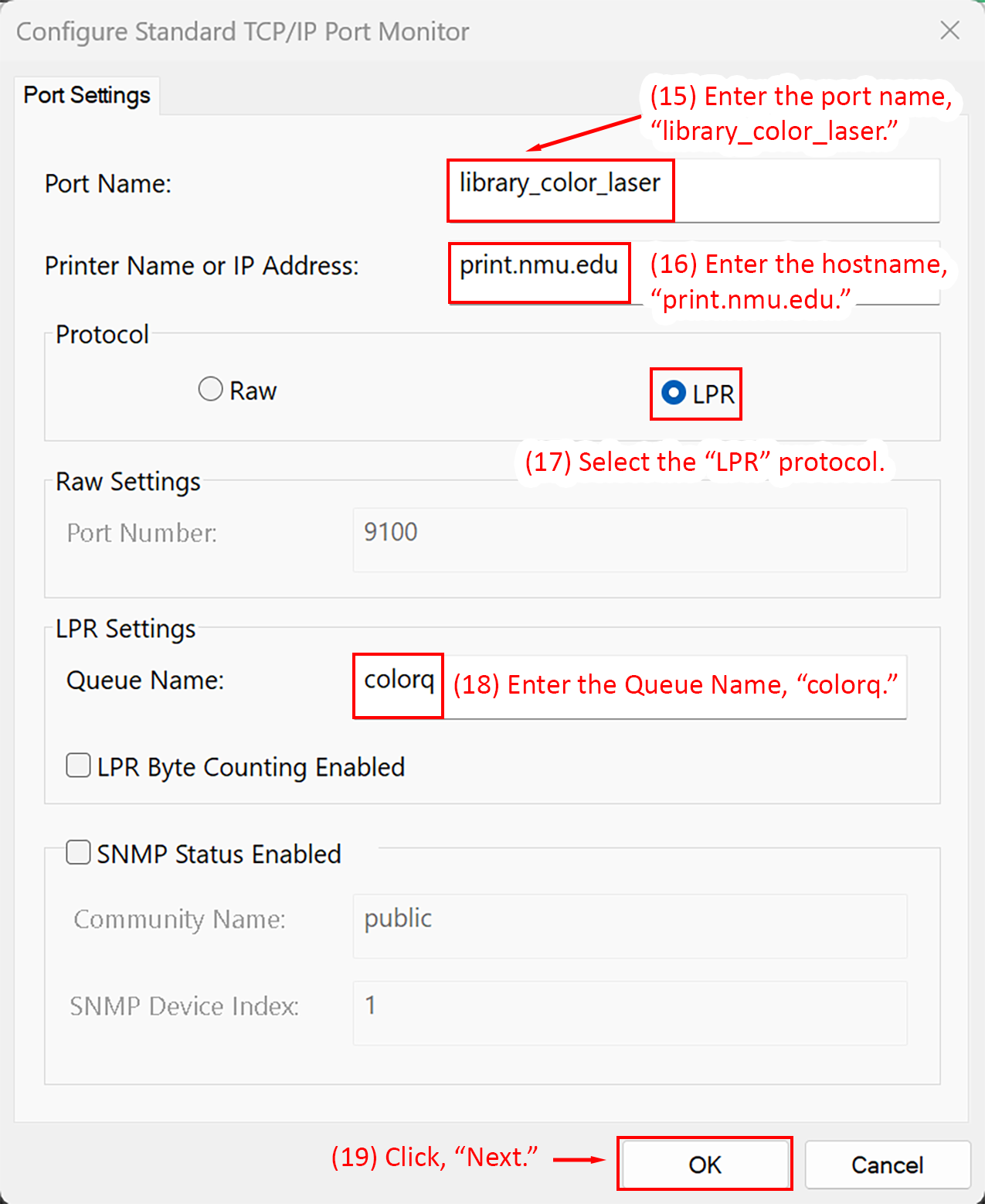 TCP/IP Port Monitor dialog with port name, hostname, and LPR protocol settings highlighted.