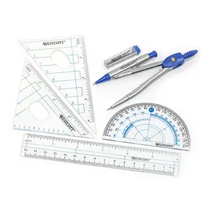 Geometry math kit with a ruler, protractor, two triangles, and a compass.