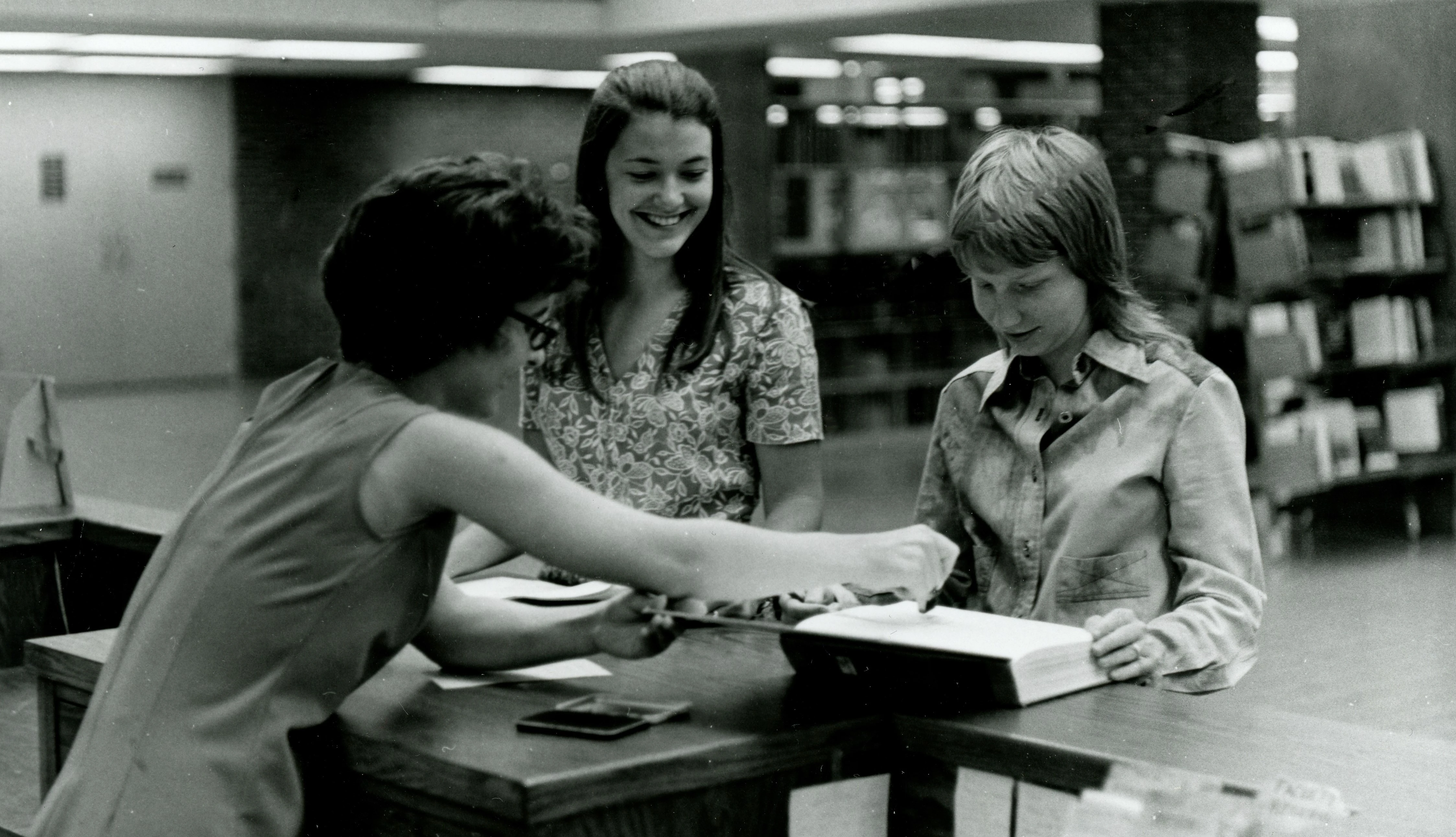 Circulation desk at the Lydia M. Olson Library, circa 1970.