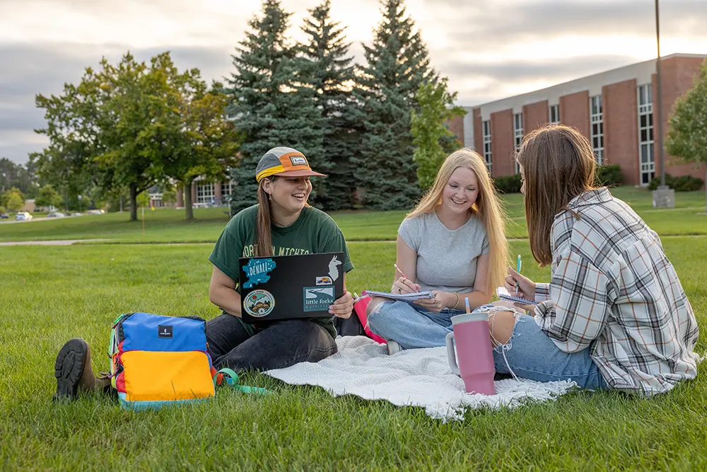 Students studying outside on a blanket.