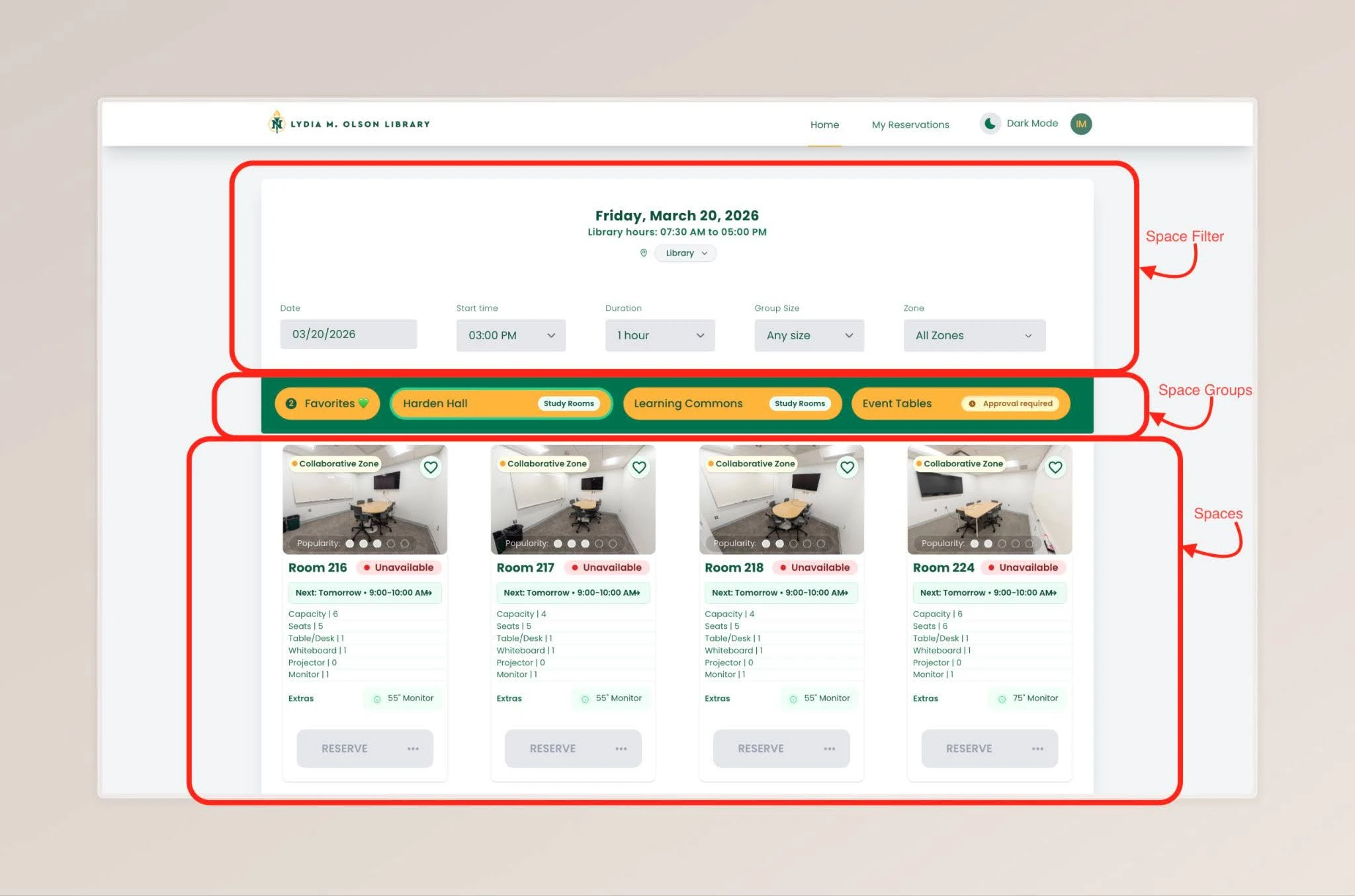 Spaces app dashboard screenshot.