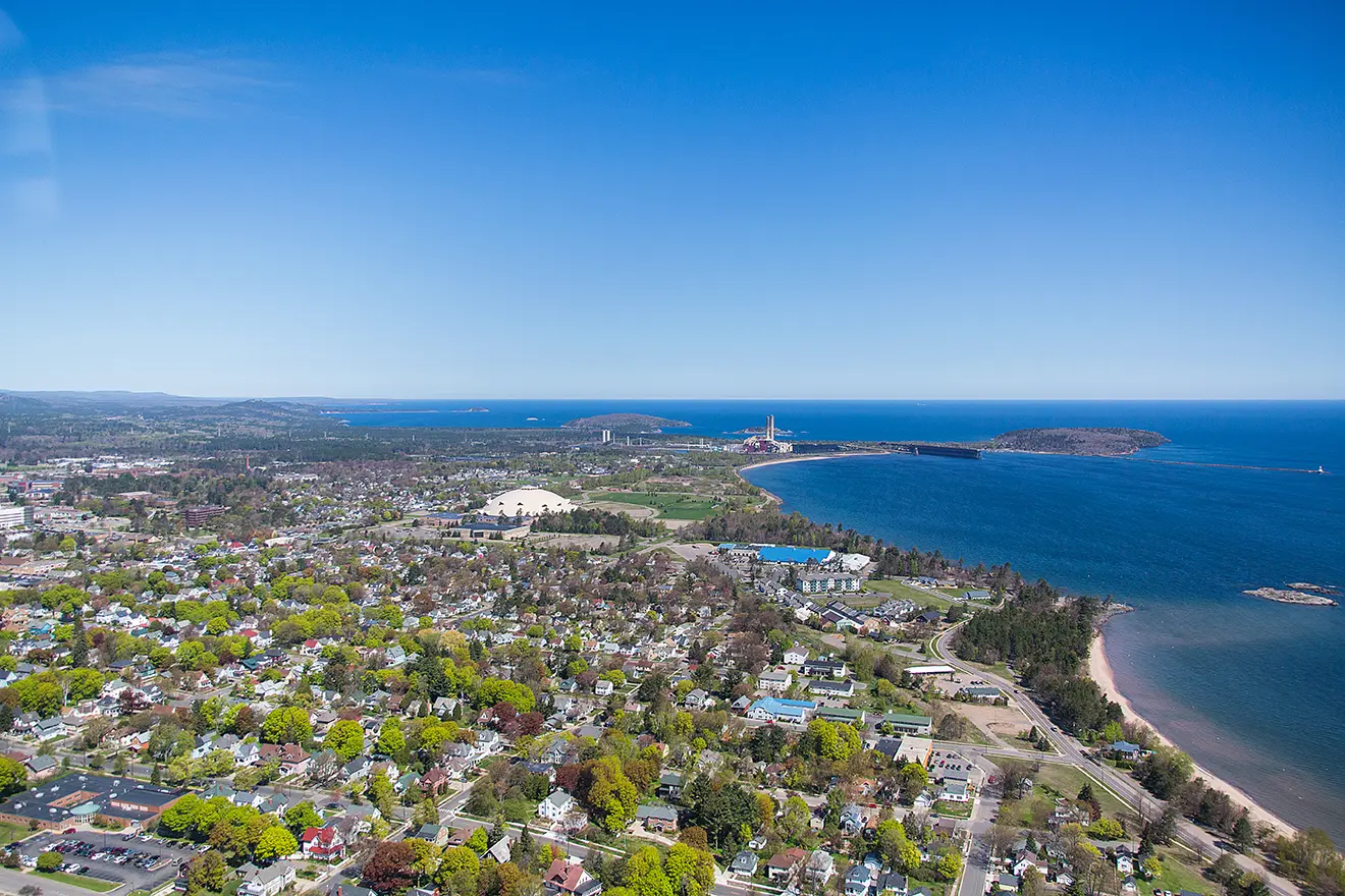 Aerial photo of north-east Marquette, highlighting the Superior Dome.
