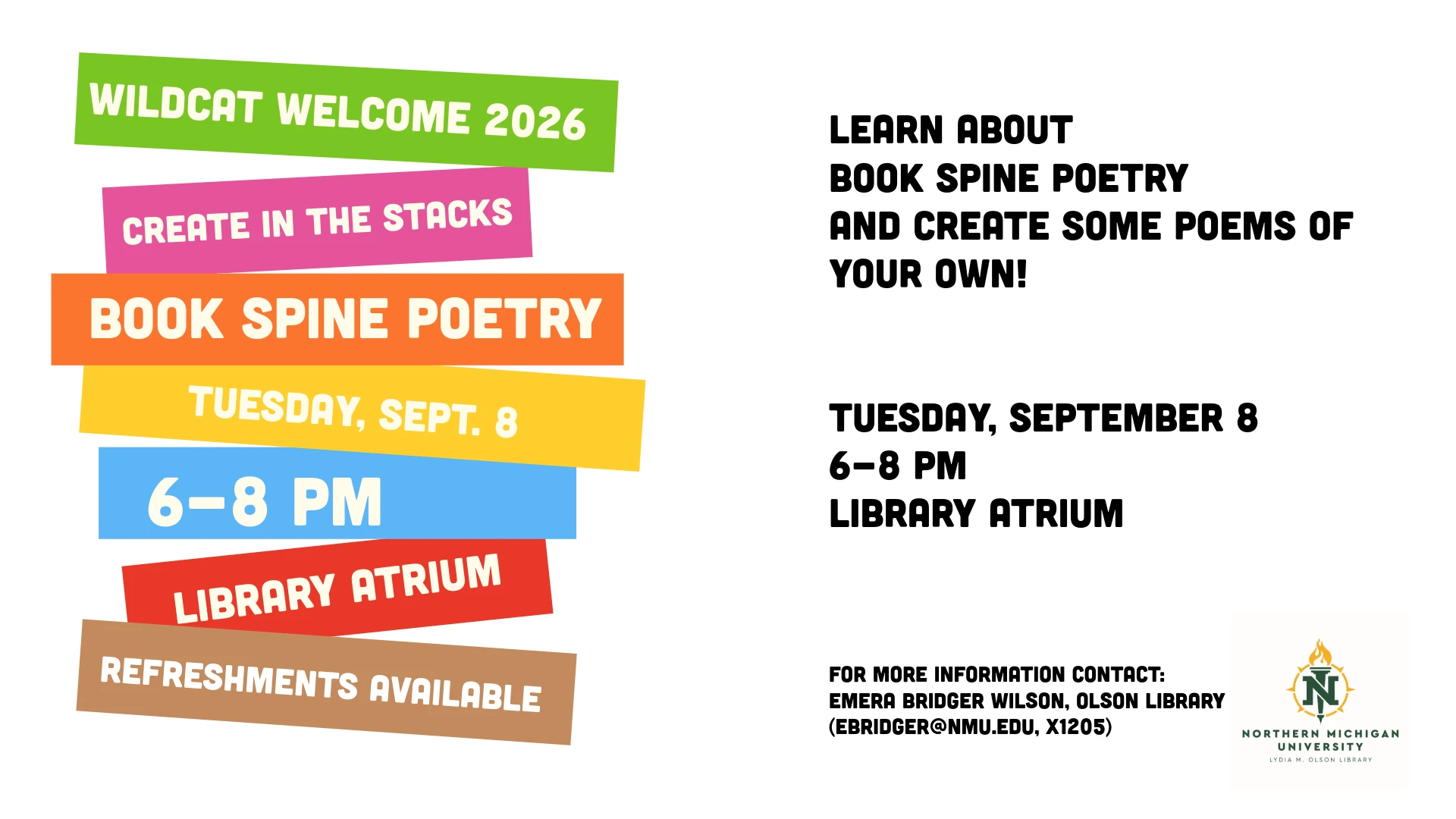 Flyer for the Book Spine Poetry event on September 8th, from 6-8pm in the Lydia Olson Library Atrium.