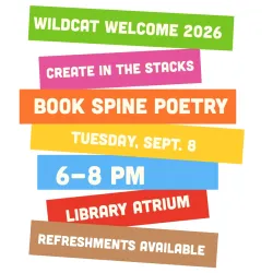 Flyer for the Book Spine Poetry event on September 8th, from 6-8pm in the Lydia Olson Library Atrium.