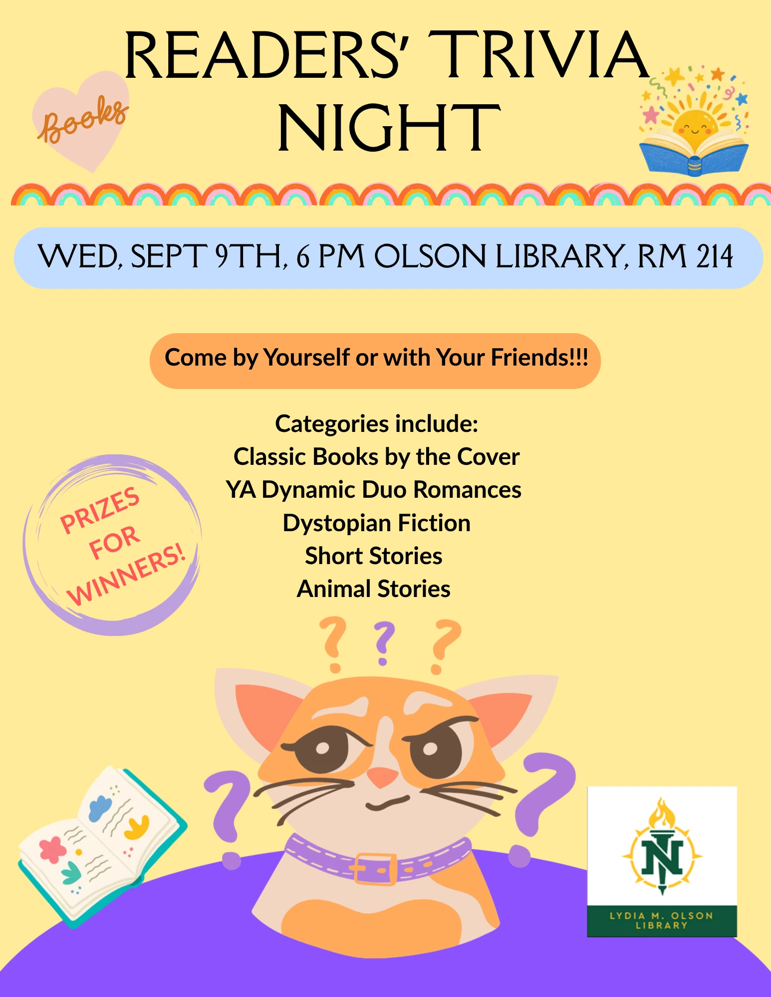 Flyer for Reader's Trivia Night on September 9th, 6pm in room 214 of the Lydia Olson Library.