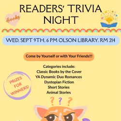 Flyer for Reader's Trivia Night on September 9th, 6pm in room 214 of the Lydia Olson Library.