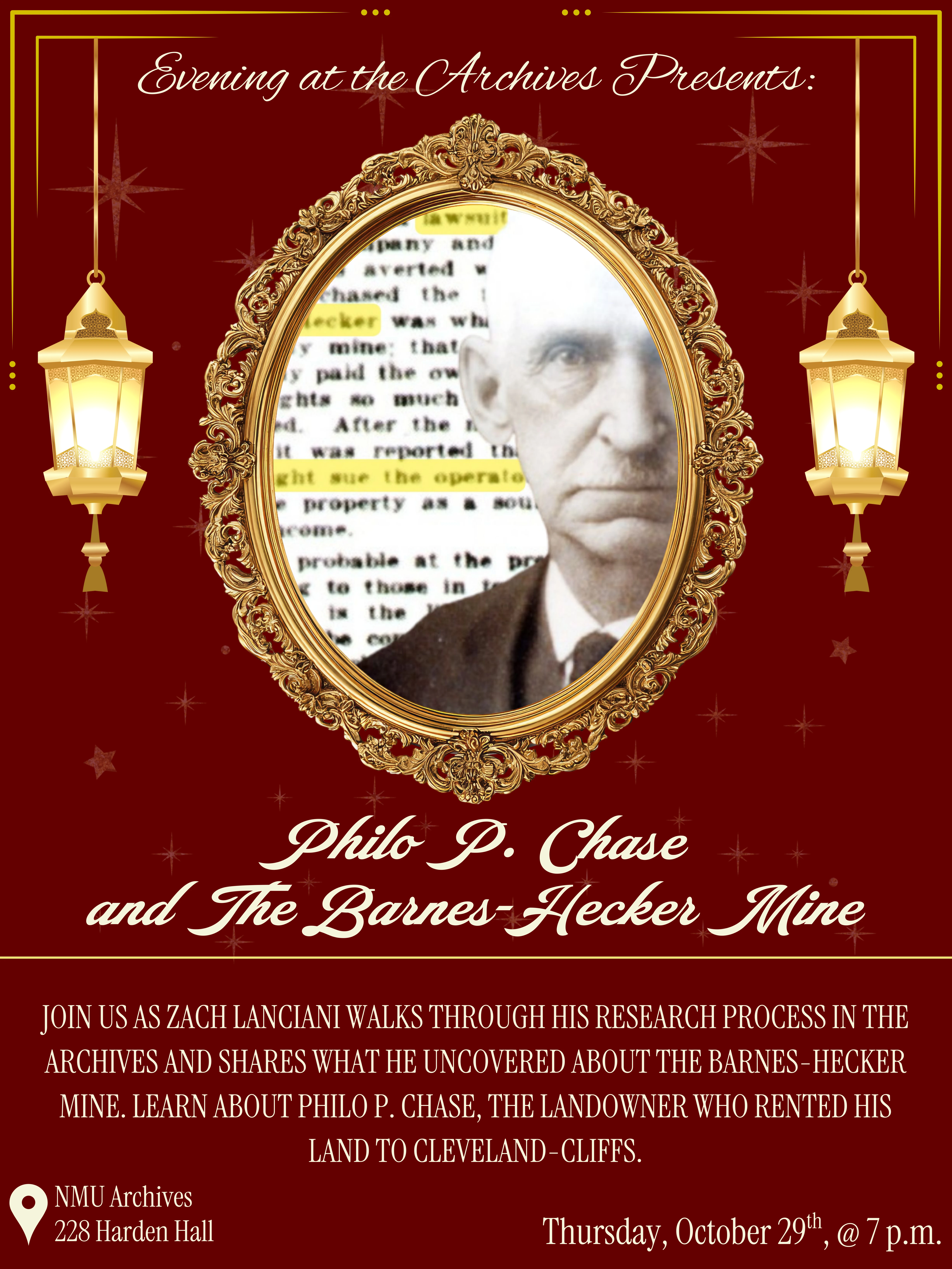Event poster for "Evening at the Archives Presents: Philo P. Chase and The Barnes-Hecker Mine," details in page text..