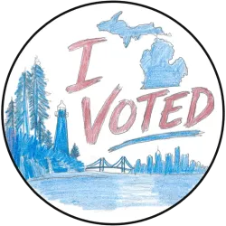 Hand-drawn circular sticker featuring the text "I VOTED" alongside a map of Michigan, pine trees, a lighthouse, the Mackinac Bridge, and a city skyline.