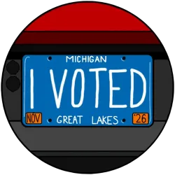 Circular sticker of a blue Michigan personalized license plate on a car bumper. The main text reads "I VOTED" with small "NOV" and "'26" tags.
