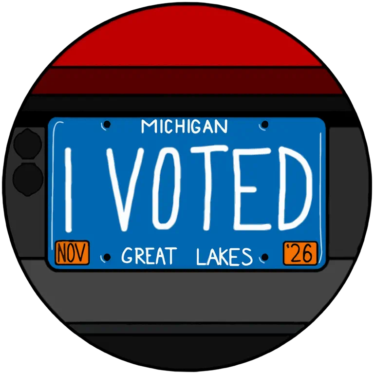 Circular sticker of a blue Michigan personalized license plate on a car bumper. The main text reads "I VOTED" with small "NOV" and "'26" tags.