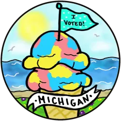 Hand-drawn circular sticker of an ice cream cone on a sunny beach, featuring a small flag reading "I VOTED!"