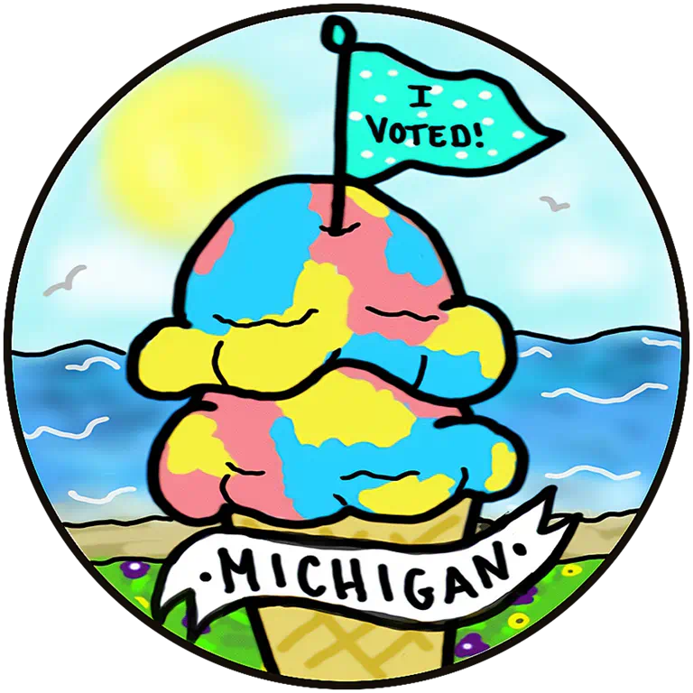 Hand-drawn circular sticker of an ice cream cone on a sunny beach, featuring a small flag reading "I VOTED!"
