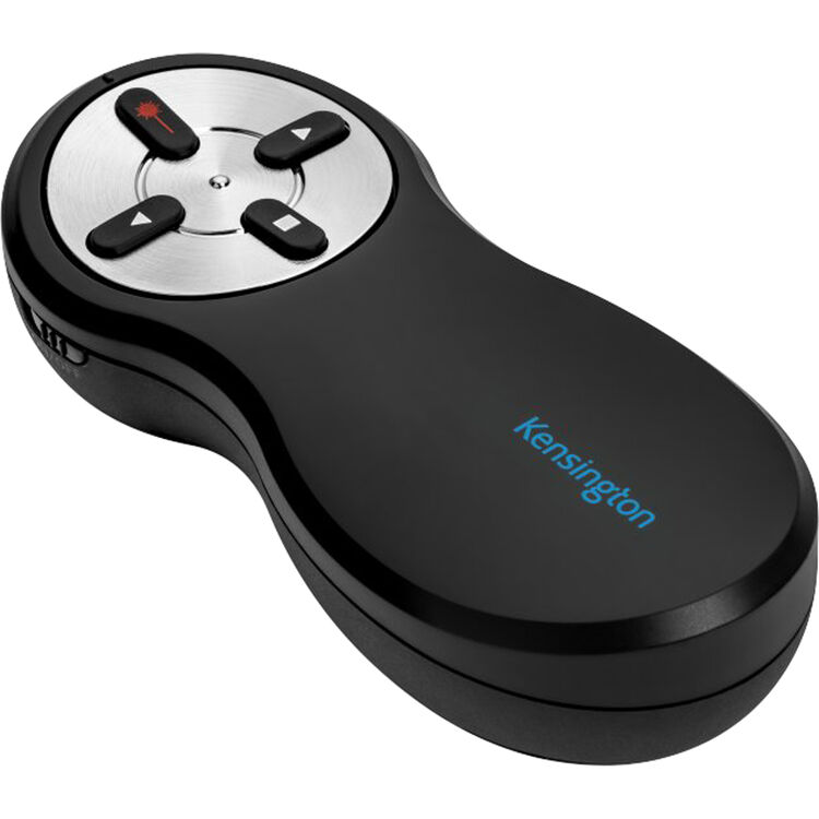 A black Kensington wireless presenter remote with a circular metallic four-button control wheel.