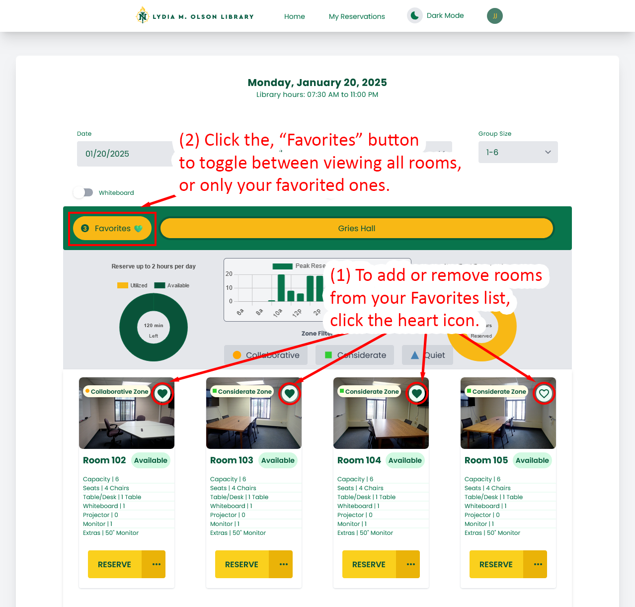 Library room reservation page showing how to add or remove favorite rooms using heart icons and toggle view.