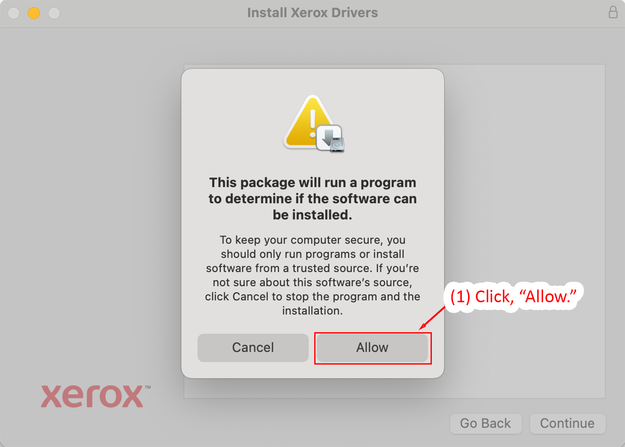 Program execution warning with Allow button highlighted.