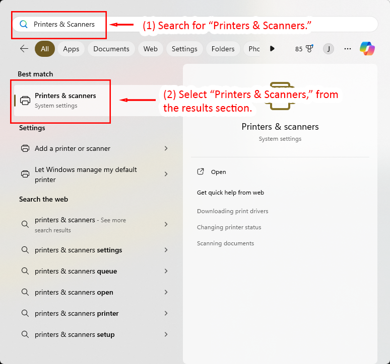 Windows 11 Start menu with instructions to search for Printers & Scanners.