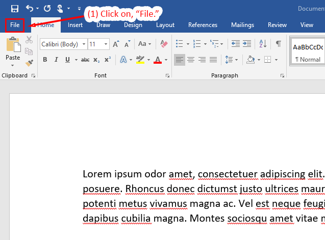 Microsoft Word interface showing the File option highlighted with instructions to click it.