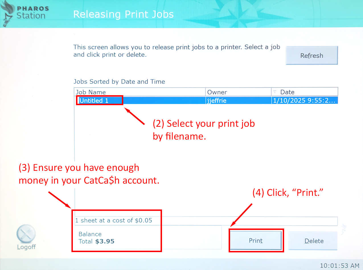 Pharos Station interface showing print job selection and balance details with instructions to print