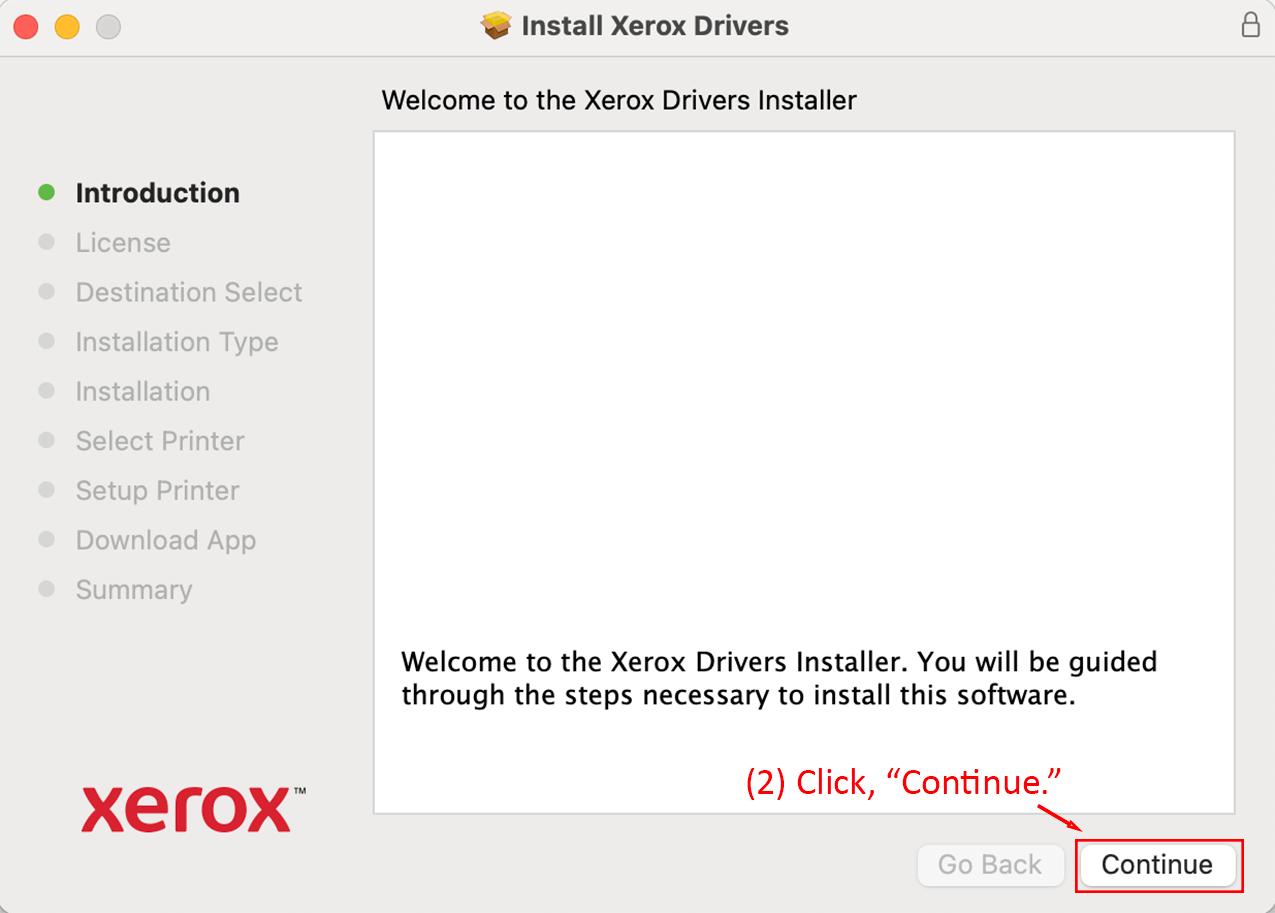 Xerox Drivers Installer introduction with Continue button highlighted  