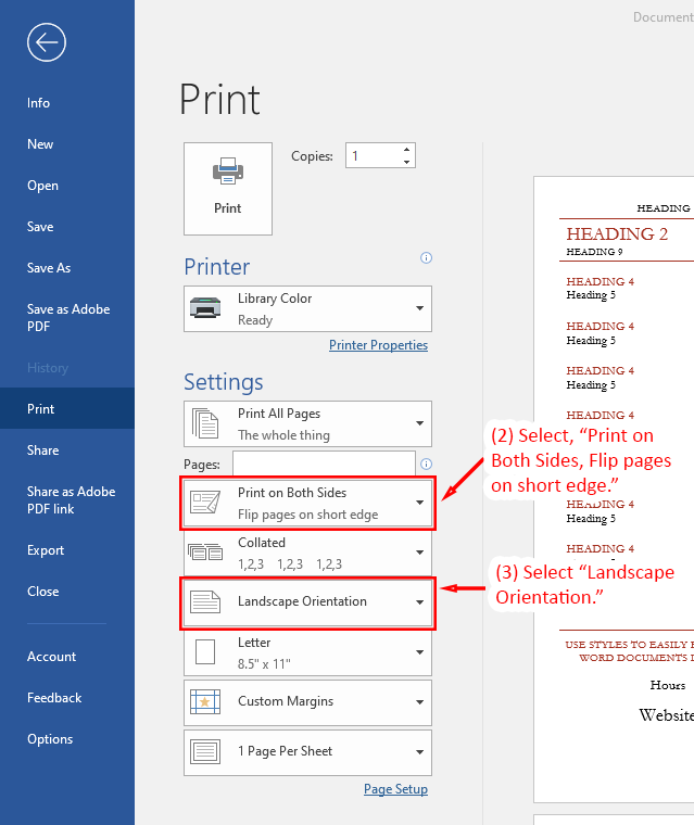 Microsoft Word print interface showing duplex and landscape orientation settings for printing a brochure.