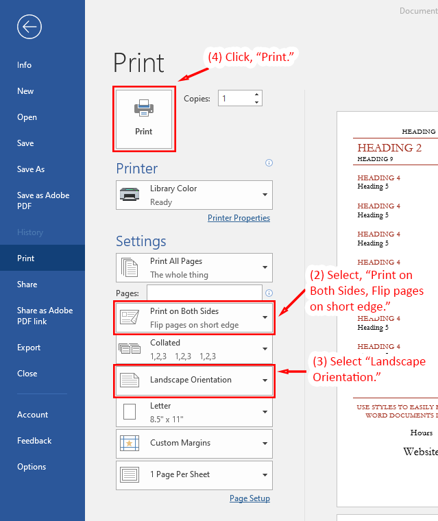 Microsoft Word print interface showing duplex and landscape orientation settings for printing a brochure