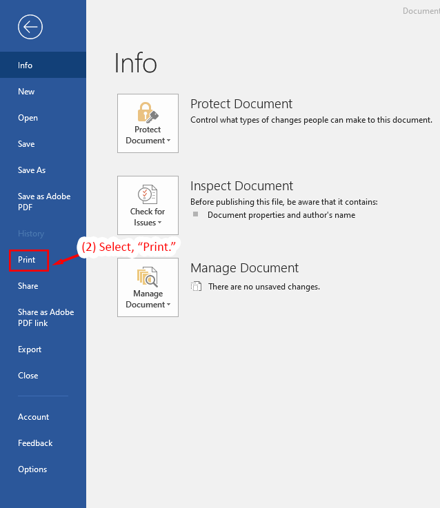 Microsoft Word interface showing the Print option highlighted with instructions to select it.