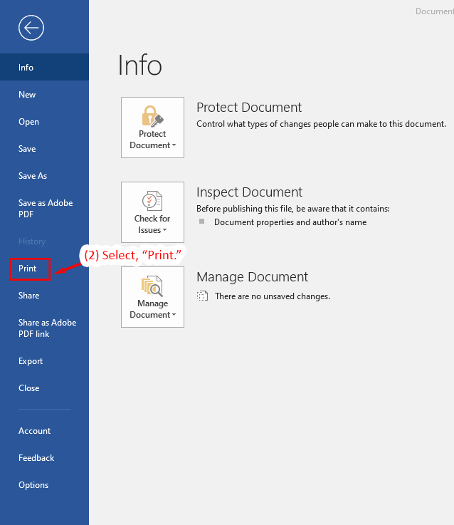 Microsoft Word interface showing the Print option highlighted with instructions to select it