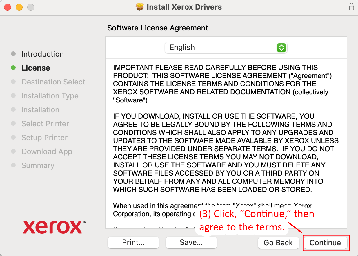 Software License Agreement page with Continue button highlighted  