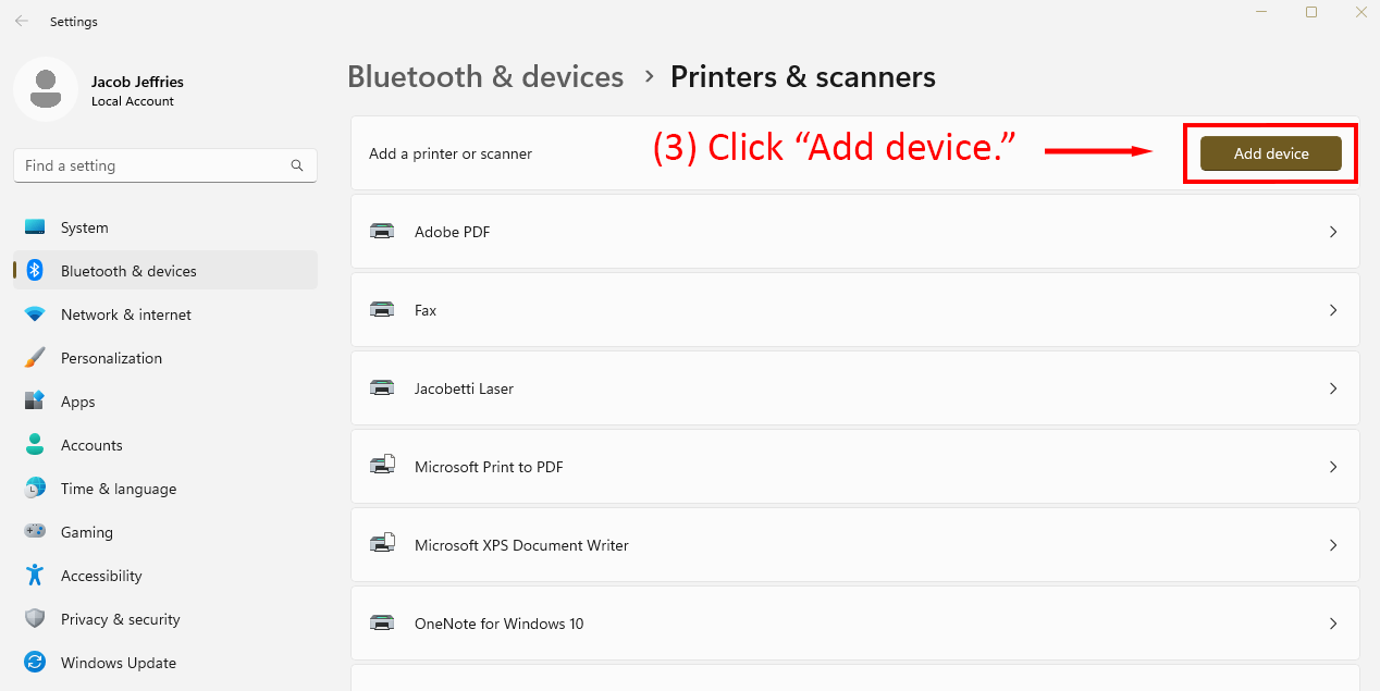 Windows 11 Printers & Scanners settings page with the Add device button highlighted.