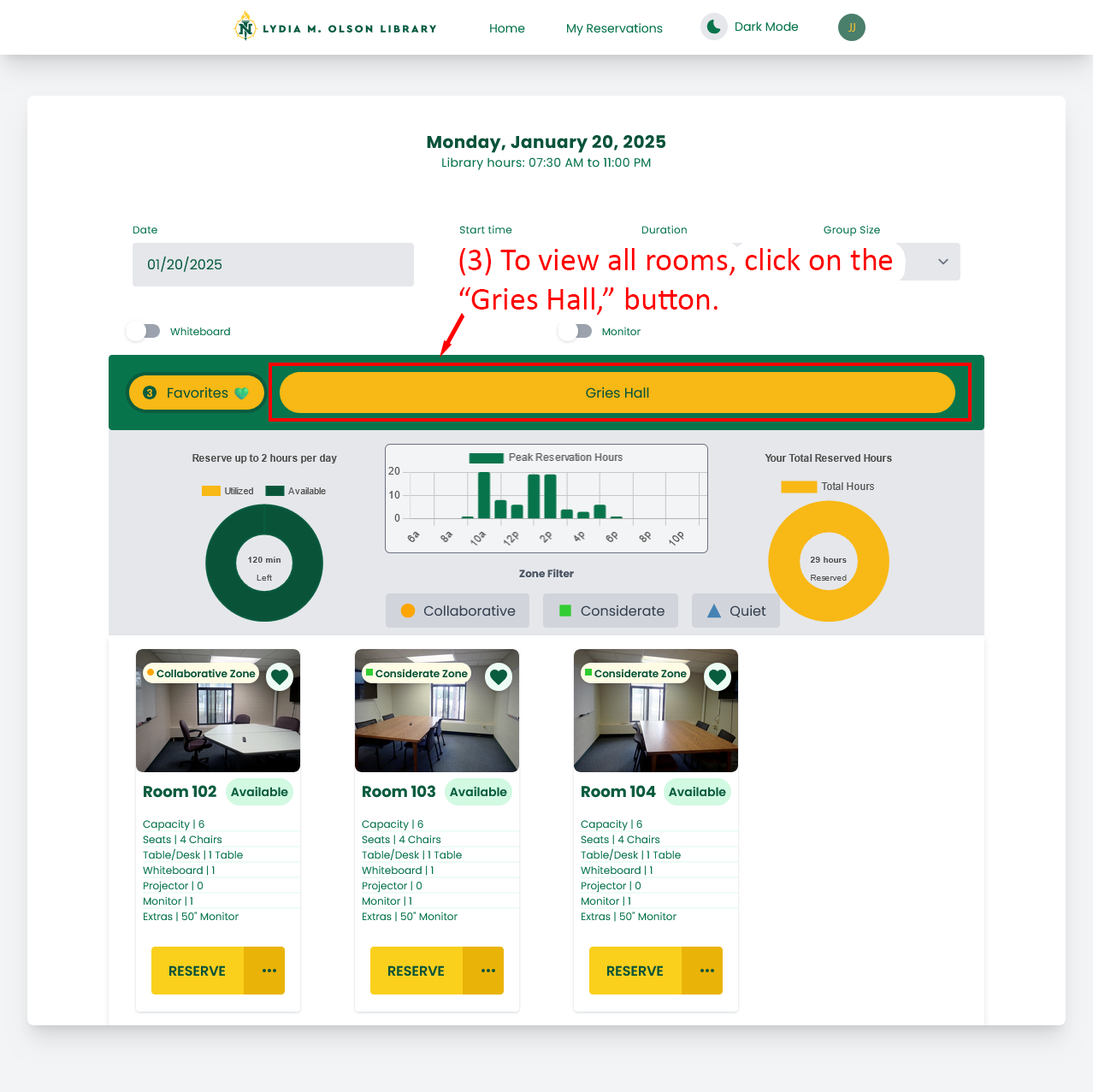 Library room reservation page showing how to exit Favorites view by clicking the Gries Hall button.