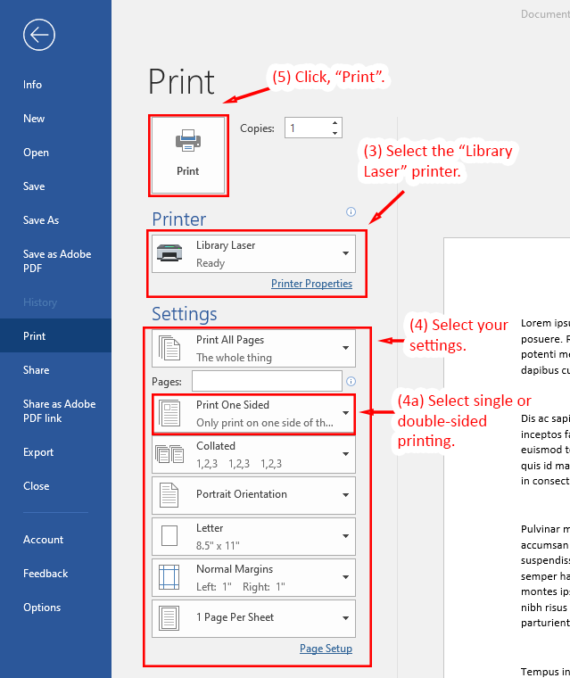 Microsoft Word print interface showing printer selection and settings with highlighted instructions.
