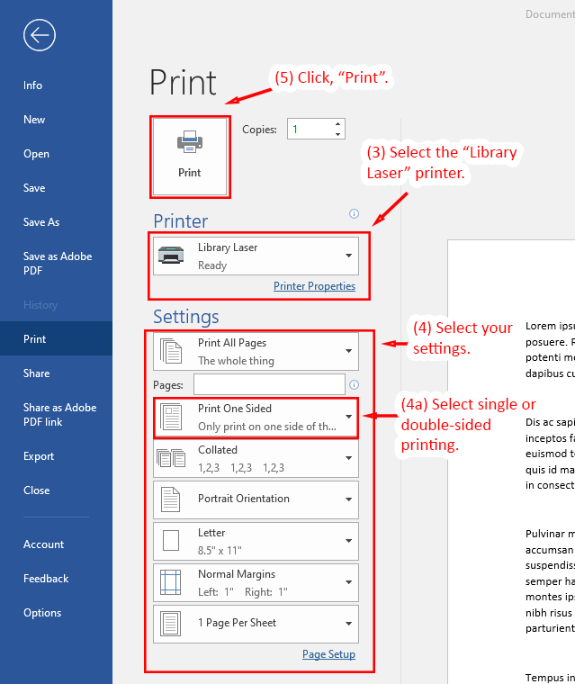 Microsoft Word print interface showing printer selection and settings with highlighted instructions