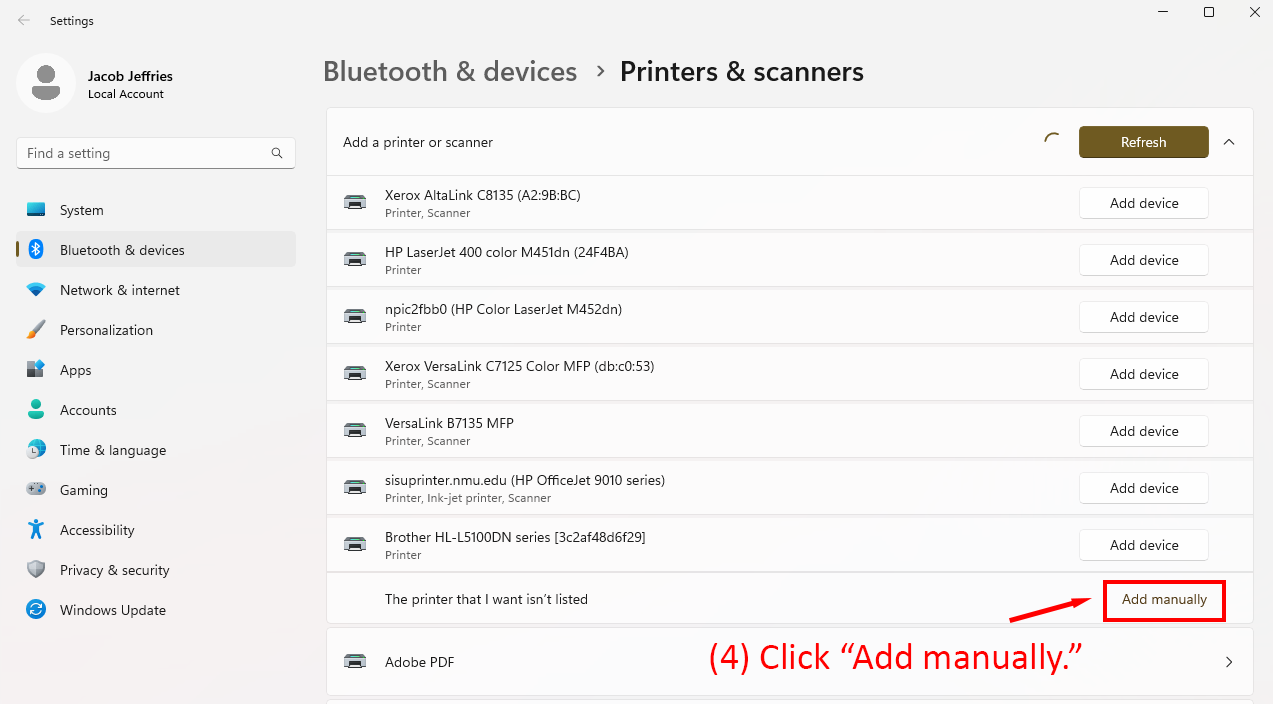 Windows 11 Printers & Scanners page with the Add manually button highlighted.