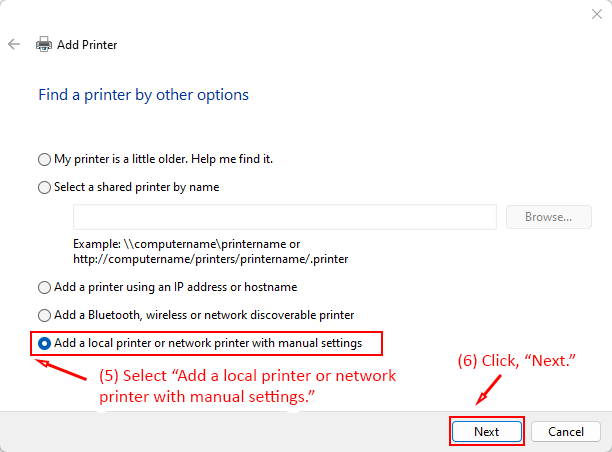 Add Printer dialog highlighting the option to add a local printer with manual settings.