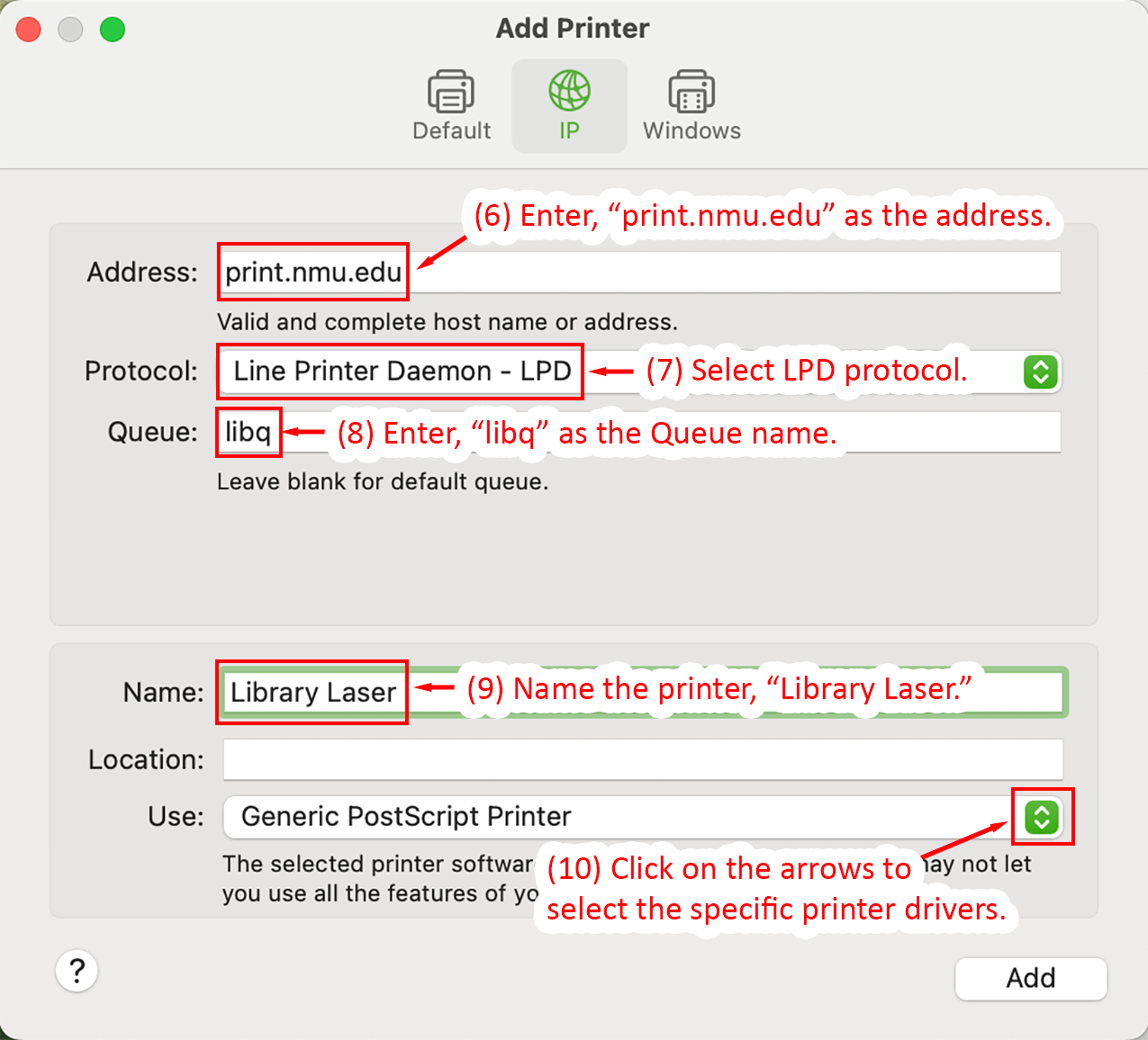 Add Printer window with fields and settings filled in  