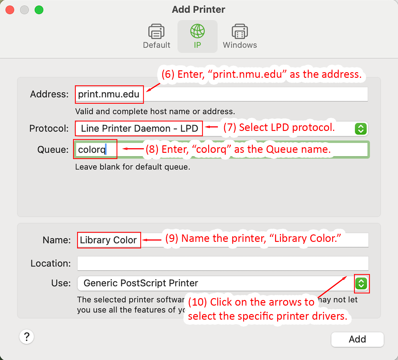 Add Printer window with fields for a color printer configuration  