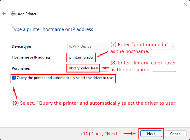 Add Printer dialog with hostname, port name, and query driver option highlighted.