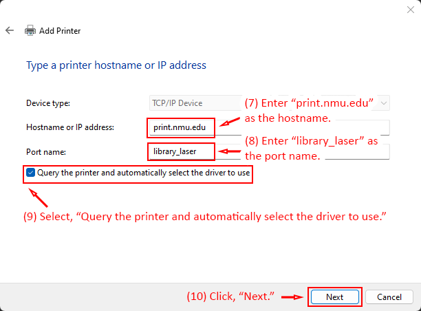 Add Printer dialog with hostname, port name, and query driver option highlighted.