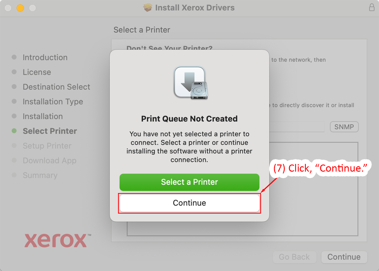 Select Printer dialog with Continue button highlighted  