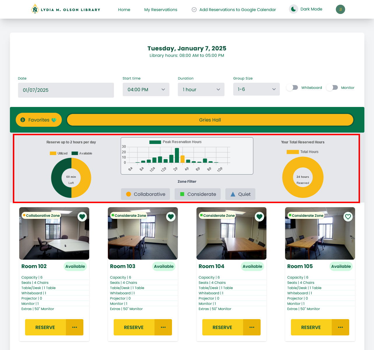 Room reservation interface with time selection and availability details.