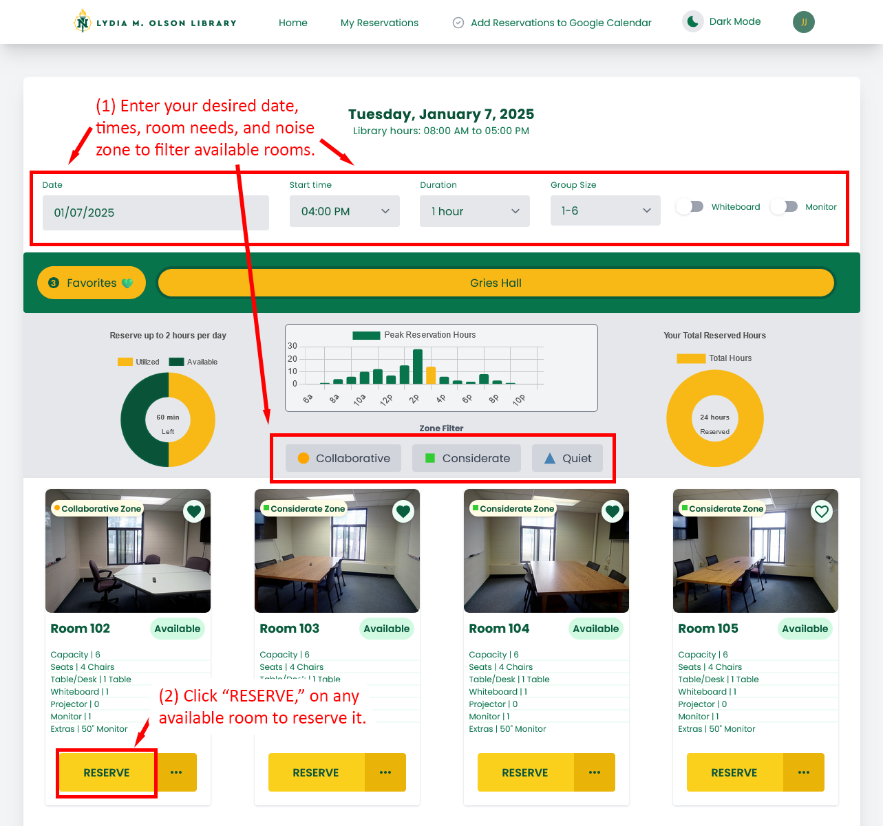 Annotated room reservation interface with step-by-step instructions.