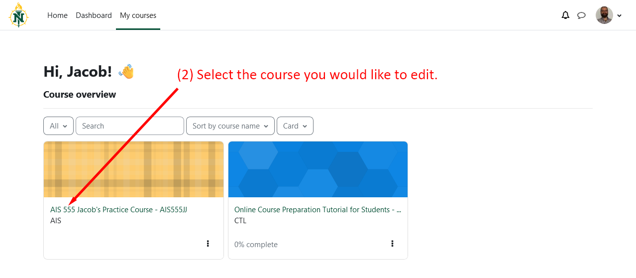 Dashboard with highlighted course selection.