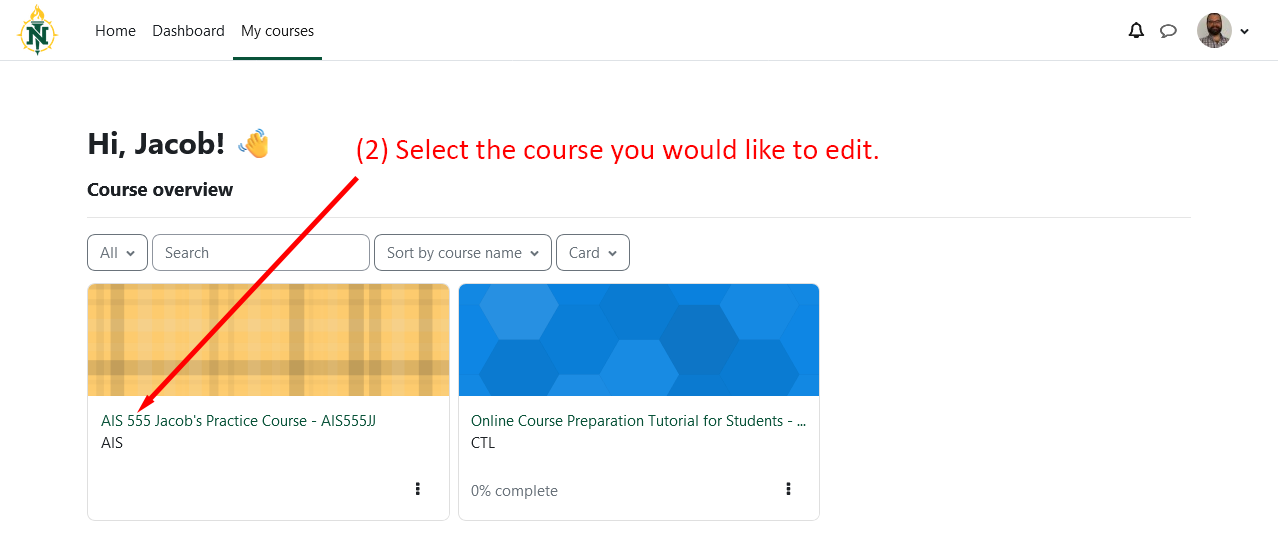 'Dashboard with highlighted course selection.